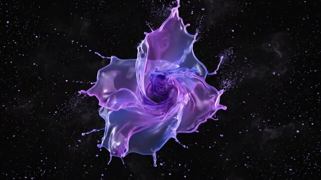Purple and blue liquid splashes forming a dynamic flower shape on black