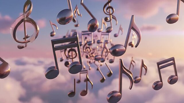 Soaring Musical Notes and Treble Clef Drift Through Sunset Clouds in Dreamlike Sky