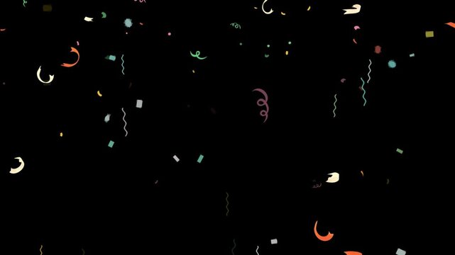 Colorful confetti pieces, featuring small curled ribbons and various irregular shapes, are captured falling against a stark black background, ideal for festive overlays and dramatic event.