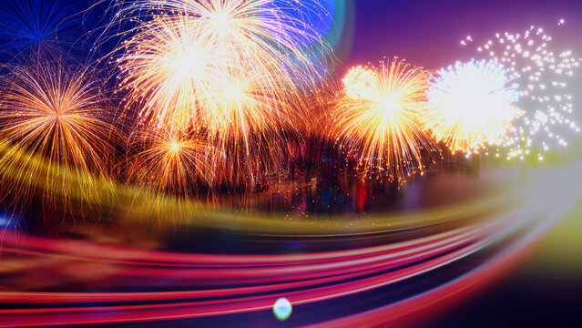 Vibrant fireworks display with intense lens flare and render effects.