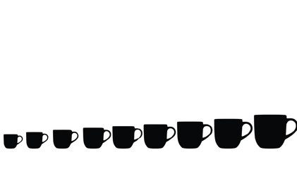 Obraz premium Mugs arranged in a progressive size sequence represent a growth concept from small to large containers, providing a clean visual metaphor for scaling production or increasing volume in business.