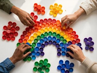 Obraz premium Top down view of diverse multiracial hands arranging colorful plastic bottle caps into a rainbow shape on a white table promoting environmental awareness recycling and teamwork