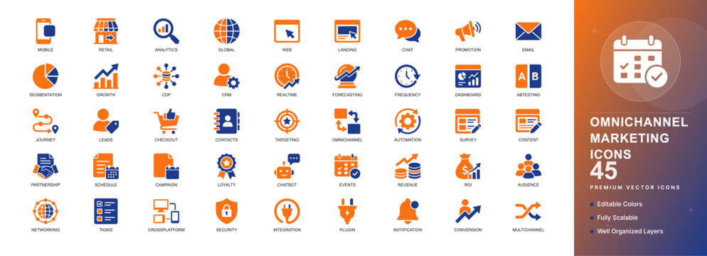 Omnichannel marketing icon set. Featuring eCommerce retail multichannel, online shopping store, and digital sales integration. Editable vector glyphs for retail eCommerce platforms.