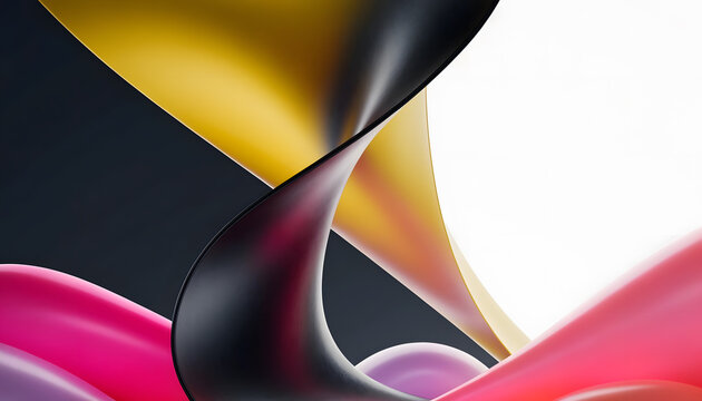 Abstract curved wavy 3D ribbons and flowing banner. Modern graphic design and creative layout. Colorful smooth dynamic shapes twisting over dark space