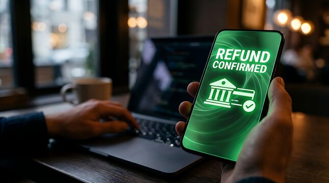 Refund confirmed notification on smartphone screen, mobile banking transaction approval, online financial return concept