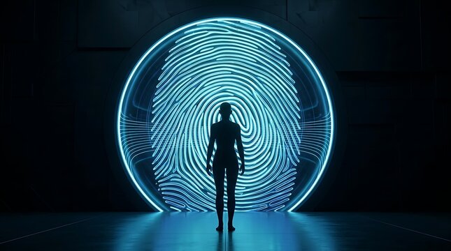 Silhouette of person standing before massive glowing blue digital fingerprint portal representing identity and privacy
