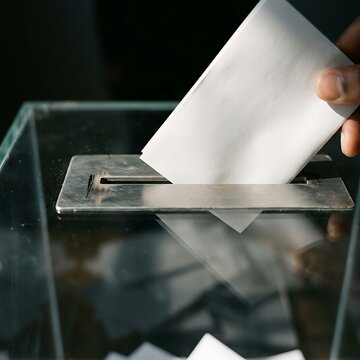 Close-up of human hand inserting ballot paper into glass voting box for election and democracy concept with shallow depth of field