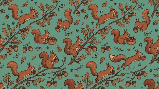 A charming, detailed pattern featuring playful brown squirrels gathering acorns among oak branches on a teal background, evoking a whimsical forest scene.