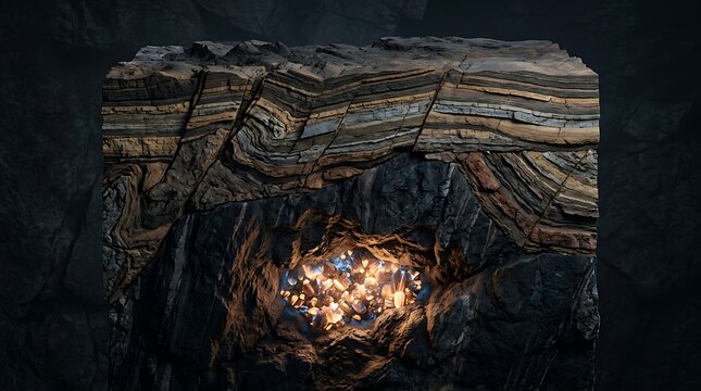 Cross section of layered geological rock formation with glowing golden crystals in hollow center