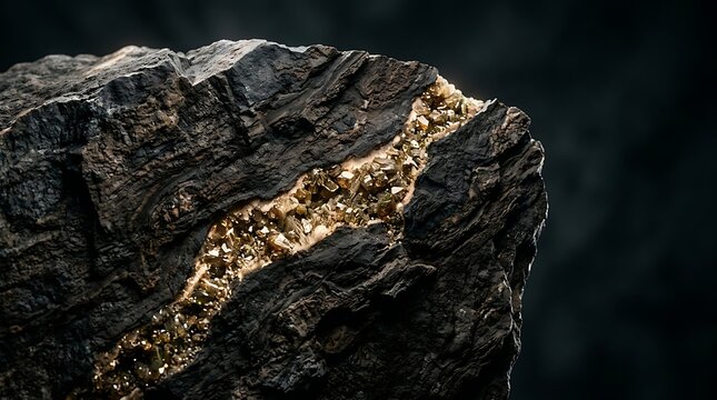 Jagged piece of dark stone with sparkling golden mineral vein running along its sharp edge