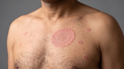 Naklejka premium Ringworm Fungal Infection Patch on Male Chest Skin