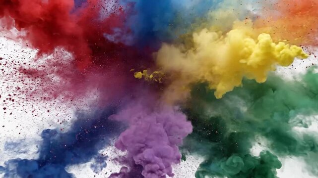 Vibrant colorful powder explosion creating dynamic abstract art on white background