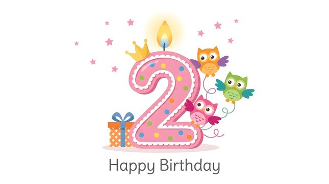 A cute pink number 2 candle with owls and a crown for a second birthday celebration.