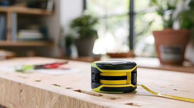 A yellow and black measuring tape rests on a wooden workbench with blurred background plants and shelves
