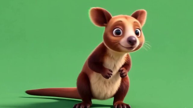 Cute 3D Cartoon Tree Kangaroo Joey Standing And Looking Around Curious Green Screen