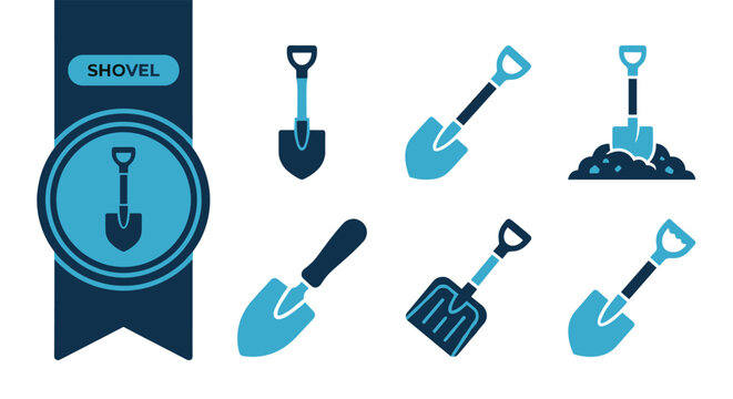 Shovel Icon Set, Six Modern Flat Vector Icons, Editable EPS, Colorful Icon Collection for App, Website, UI, Print Design, Isolated on White Background