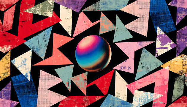 Colorful geometric pattern with triangular abstract shapes. Modern creative art and Memphis style backdrop. Gradient sphere floating amidst vibrant scattered polygons