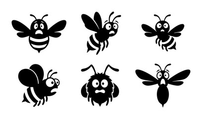 Fototapeta premium Surprised Bee Vector Icons, Cartoon Insect Characters, Funny Flying Bugs, Black and White Graphic Elements for Design