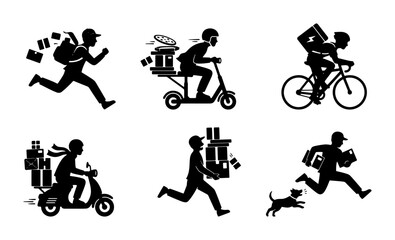 Obraz premium Delivery Service Icons: Fast Courier, Scooter, Bicycle, Motorcycle, Runner, Dog Chase, Package Transport, Logistics, E-commerce Shipping, Urban Mobility