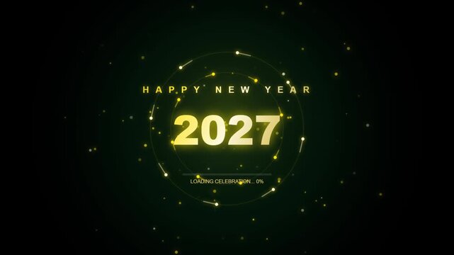Happy new year 2027 gold typography animation with loading bar progress on dark green background featuring glowing abstract particle streaks for holiday celebration.