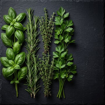 Overhead bunches of basil rosemary thyme and parsley on dark slate