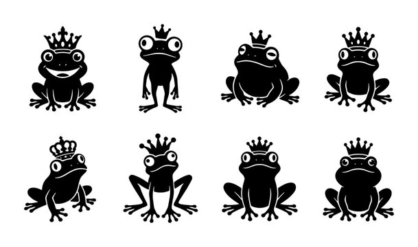 Royal Frog Collection, Eight Black Silhouette Vector Icons with Crowns, Cute Amphibian Characters for Fantasy and Fairy Tale Designs