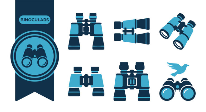 Binoculars Icon Set, Six Modern Flat Vector Icons, Editable EPS, Colorful Icon Collection for App, Website, UI, Print Design, Isolated on White Background