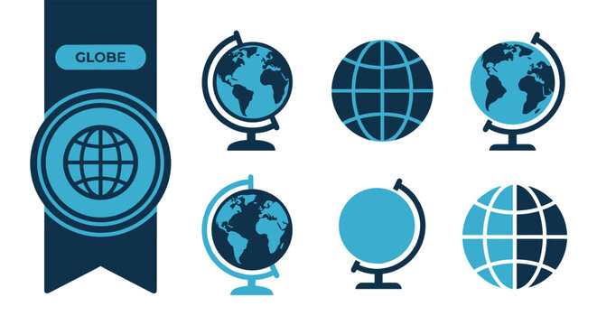 Globe Icon Collection, Six Flat Vector Icons, Editable EPS, Colorful Modern Icons for UI Design, App, Web, Print Design, Social Media, Isolated on White Background