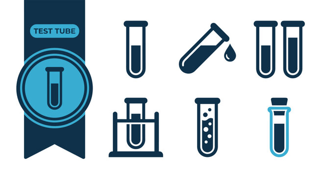 Test Tube Icon Pack, Six Flat Colorful Vector Icons, Editable EPS, Modern UI Icon Set for Web, App, Presentation, Print Design, Isolated on White Background