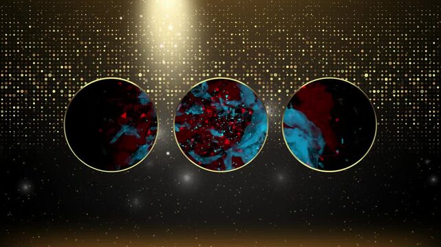 Three circular frames display intricate abstract patterns of swirling red and blue against a dark, textured background, illuminated by a golden spotlight from above, suggesting scientific.