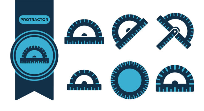 Protractor Icons, Six Colorful Flat Vector Icons, Editable EPS Icon Set for UI, Web, Mobile App, Presentation, Print Design, Isolated on White Background