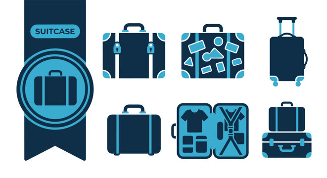 Suitcase Icon Set, Six Modern Flat Vector Icons, Editable EPS, Colorful Icon Collection for App, Website, UI, Print Design, Isolated on White Background