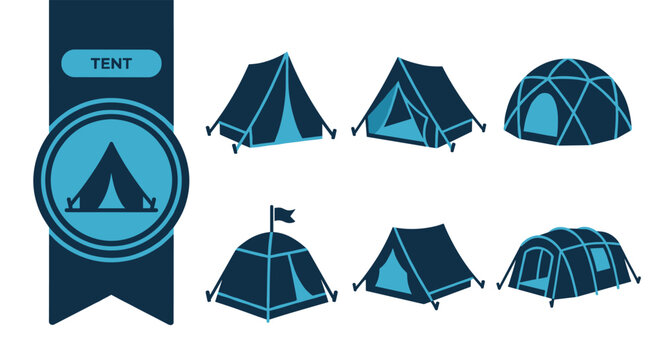 Tent Flat Icon Set, Six Colorful Vector Icons, Editable EPS File, Modern Icon Pack for App, Web, Branding, Print Design, Social Media, Isolated on White Background