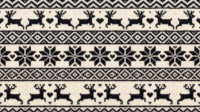Seamless Scandinavian knit pattern with reindeer and snowflakes on cream background for winter holidays
