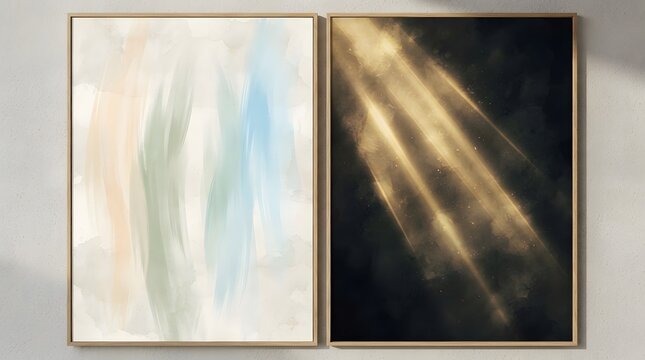 Abstract diptych with pastel and golden light effects creating a modern art display