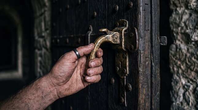 A hand with a black ring gripping a vintage brass door handle on a dark wooden door in a ad social media download thambnail poster web template event festival 2026 2027 2028
