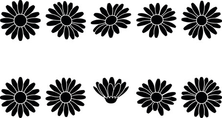 Obraz premium Black Daisy Silhouette Icon Set with Elegant Chamomile Flower Stencils and Minimalist Blossom Shapes for Spring Patterns, Tattoos, Badges, and Creative Graphic Illustrations