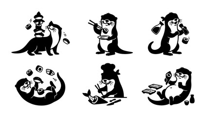 Obraz premium Cute Otter Sushi Chef Vector Icons Set, Whimsical Aquatic Animal Illustrations for Culinary Branding and Foodie Designs