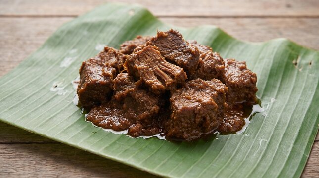 Traditional Padang beef rendang with rich spice coating served on a natural banana leaf, created for restaurant menus, culinary advertising, tourism materials and food editorial use.