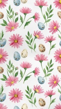 Watercolor seamless pattern with pink daisy flowers and easter eggs
