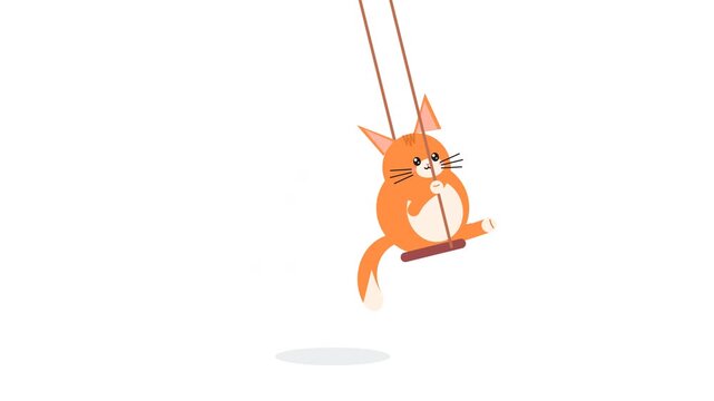 Cute Animated Orange Ginger Cat Swinging on Swing Vector Graphic, Playful Kitten Animation Motion Loop