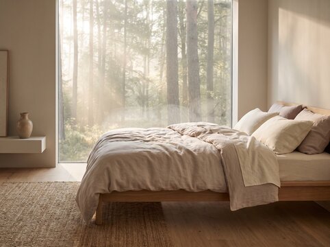 Serene minimalist bedroom with unmade bed and soft linen sheets featuring peaceful forest view through large window