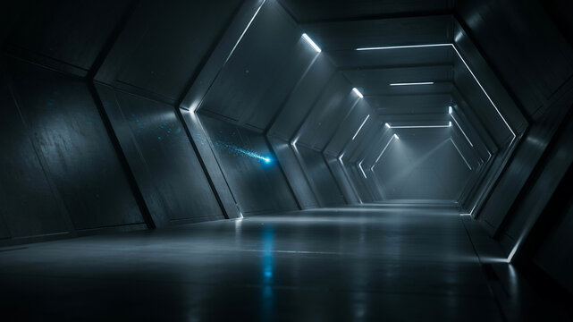 Dark futuristic hexagonal corridor with glowing blue particle trail and light streaks