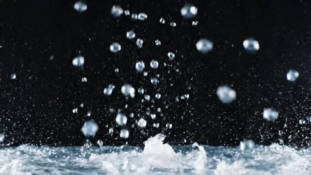 Water splash crown impact on dark surface with frozen droplets