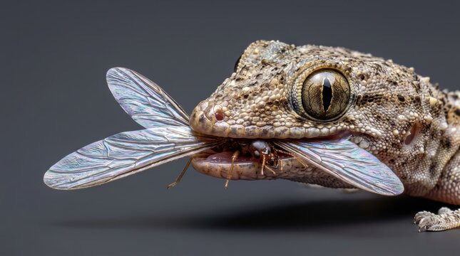 House Gecko Catching Winged Termite, Extreme Macro Predator Feeding Wildlife Photography