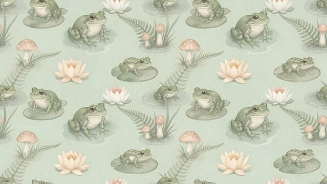 Cute frog and lily pad seamless pattern, watercolor illustration with mushrooms and ferns on a soft green background, whimsical nature design for fabric or wallpaper