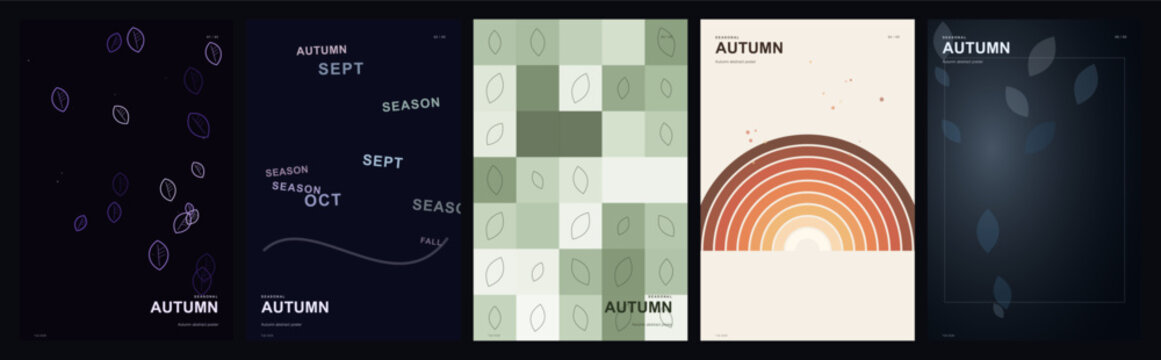 Abstract poster templates with dark geometric designs, rainbow arch and minimal layouts