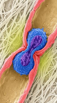 Lymphocyte transmigration through high endothelial venule wall, demonstrating cellular diapedesis, leukocyte extravasation into lymphatic node tissue across reticular fiber network.
