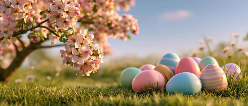 Colorful Easter eggs resting in fresh green grass beneath blooming spring flowers, peaceful seasonal celebration scene with warm sunlight and soft natural background