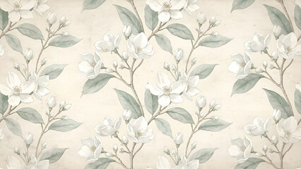 Fototapeta premium Elegant watercolor floral seamless pattern, delicate white magnolia blossoms with green leaves on a textured beige background, vintage botanical illustration for fabric or wallpaper design